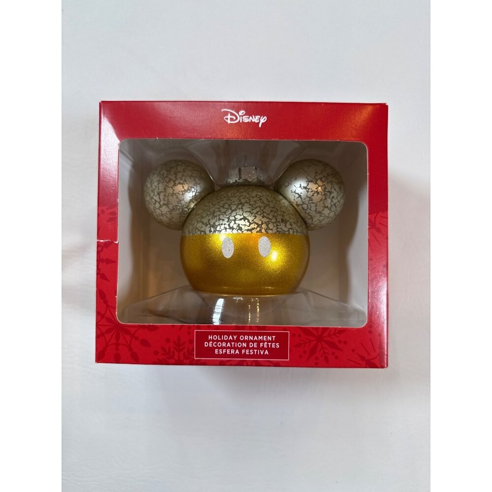 Disney Mickey Mouse Gold Glass Holiday Ornament In Original Box